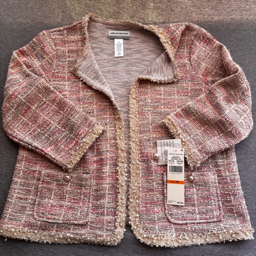 Alfred Dunner Magnolia Springs Tweed Cardigan Jacket Pink Multi Pearl Trim PS - Picture 10 of 10